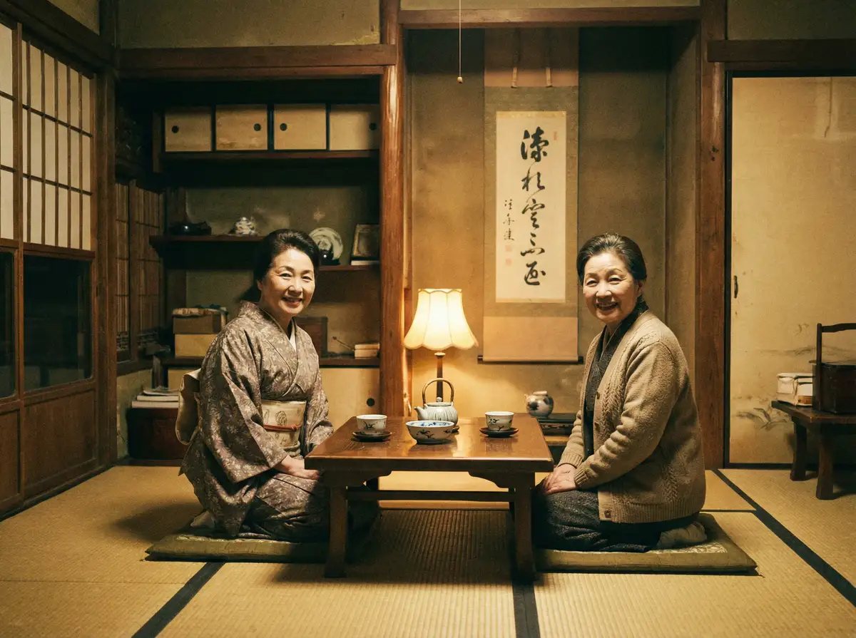 两位优雅的 莱茵体育官网 在日式茶室中品茶交谈